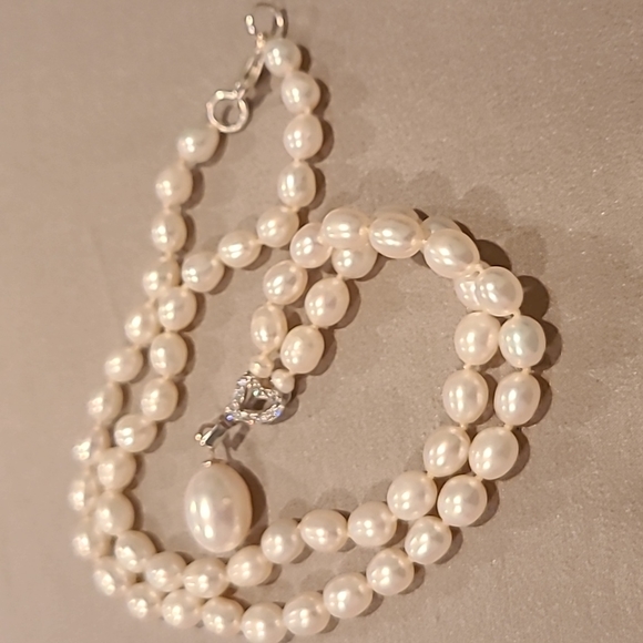 Freshwater pearl necklace with cubic zirconia sterling silver - Picture 5 of 5